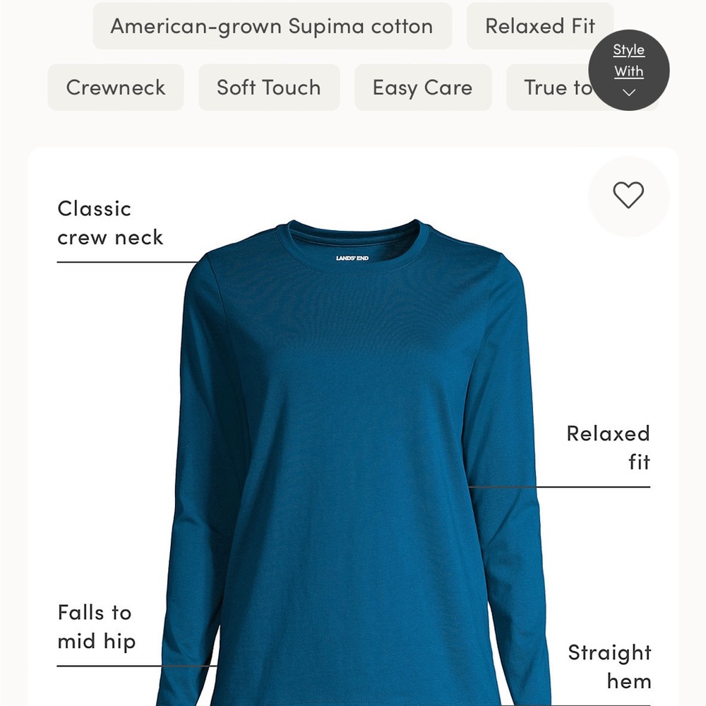 Lands' End Jewel Tone Green Supima Cotton Lone Sleeve Tee Top - Picture 7 of 7